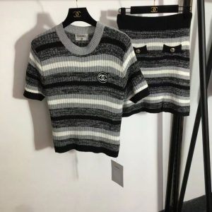 Replica Designer Chanel Women Fashion Embroidered Short-Sleeved Stripe Top And Pants 2PCS Suit