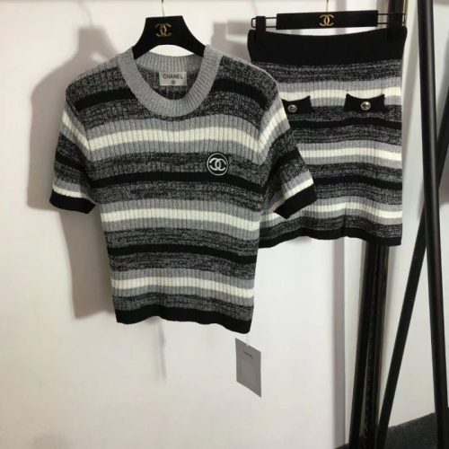 Replica Designer Chanel Women Fashion Embroidered Short-Sleeved Stripe Top And Pants 2PCS Suit