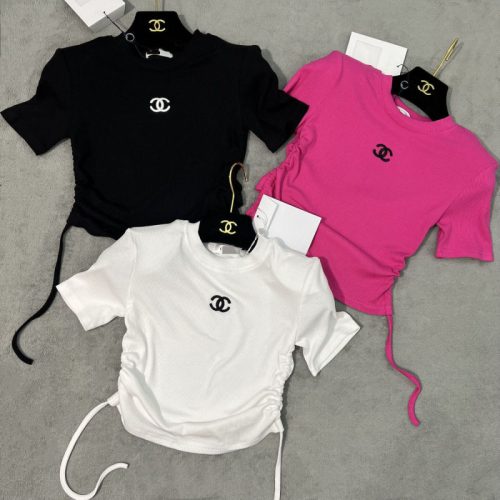 Replica Designer Chanel Women Fashion Embroidery Shoulder Pad Drawstring Strap Short Sleeve T-Shirt
