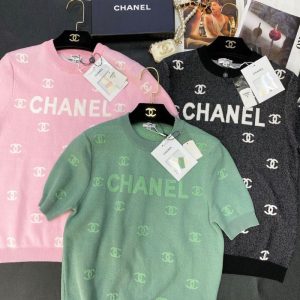 Replica Designer Chanel Women Fashion Flocking Letter Short-Sleeved Round Neck Pullover Knitted Sweater
