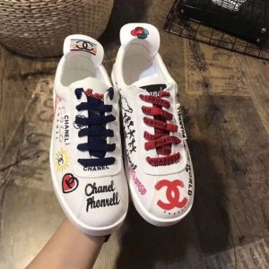 Replica Designer Chanel Women Fashion Hand-Painted Double C Letters Canvas Flat Shoes