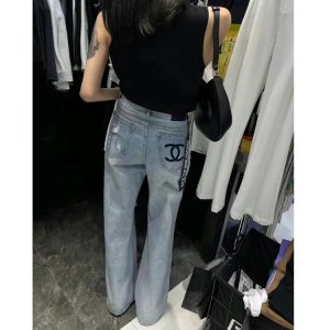 Replica Designer Chanel Women Fashion High Waist Worn Hole Wide-Leg Pants