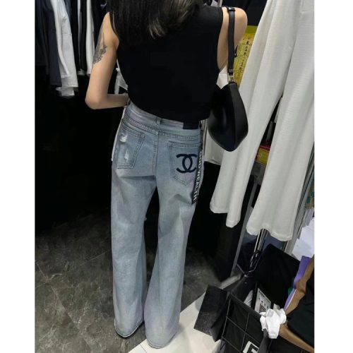 Replica Designer Chanel Women Fashion High Waist Worn Hole Wide-Leg Pants