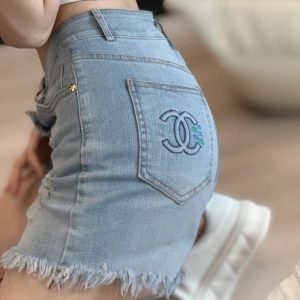 Replica Designer Chanel Women Fashion Hole Embroidery Fringed Denim Shorts