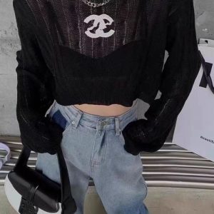 Replica Designer Chanel Women Fashion Knitted Long-Sleeved Solid Color Top