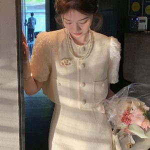 Replica Designer Chanel Women Fashion Lace Blouse And Skirt 2PCS Suit