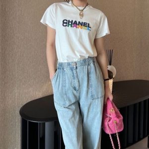 Replica Designer Chanel Women Fashion Layered Multicolor Letter Foam Printing Short-Sleeved T-Shirt