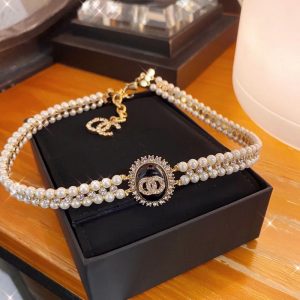 Replica Designer Chanel Women Fashion Letter Double Layer Pearl Rhinestone Necklace