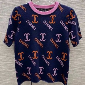 Replica Designer Chanel Women Fashion Letters Color Matching Jacquard Knitted Short-Sleeved Top