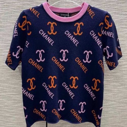 Replica Designer Chanel Women Fashion Letters Color Matching Jacquard Knitted Short-Sleeved Top