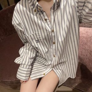 Replica Designer Chanel Women Fashion Letters Embroidery Stripe Long-Sleeved Shirt
