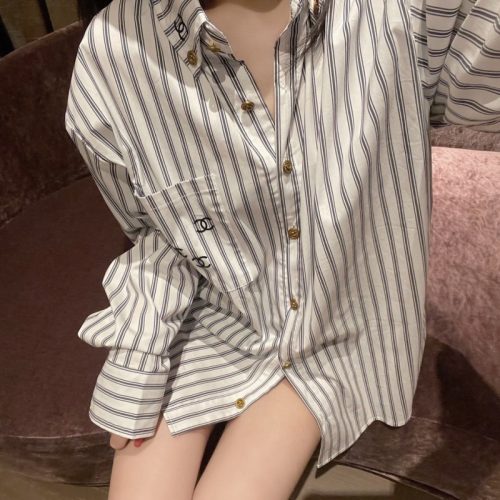 Replica Designer Chanel Women Fashion Letters Embroidery Stripe Long-Sleeved Shirt