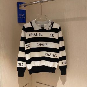 Replica Designer Chanel Women Fashion Letters Jacquard Stripe Color Matching Sweater