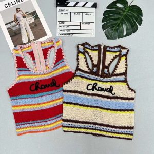 Replica Designer Chanel Women Fashion Letters Rainbow Stripe Ice Silk Knitted Camisole