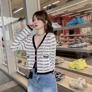 Replica Designer Chanel Women Fashion Long-Sleeved V-Neck Stripe Letters Knitted Cardigan