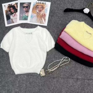 Replica Designer Chanel Women Fashion Mink Velvet Pullover Short-Sleeved Solid Color Sweater