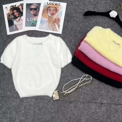 Replica Designer Chanel Women Fashion Mink Velvet Pullover Short-Sleeved Solid Color Sweater