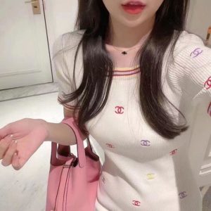 Replica Designer Chanel Women Fashion Multicolor Embroidered Round Neck Knitted Slim Dress