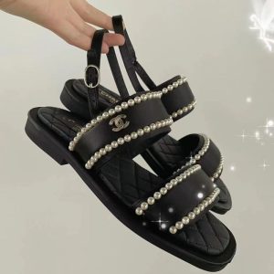 Replica Designer Chanel Women Fashion Pearl Double C Letters Belt Sandals