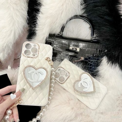 Replica Designer Chanel Women Fashion Pearl Rhinestones Apple Mobile Phone Case