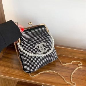 Replica Designer Chanel Women Fashion Pearl Rhinestones Corduroy Chain Bag