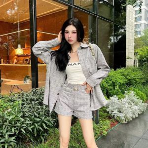 Replica Designer Chanel Women Fashion Printing Double C Denim Jacket And Short Suit