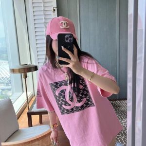 Replica Designer Chanel Women Fashion Printing Pink Short-Sleeved T-Shirt