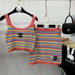 Replica Designer Chanel Women Fashion Rainbow Stripe Ice Silk Camisole And Skirt Knitted Suit