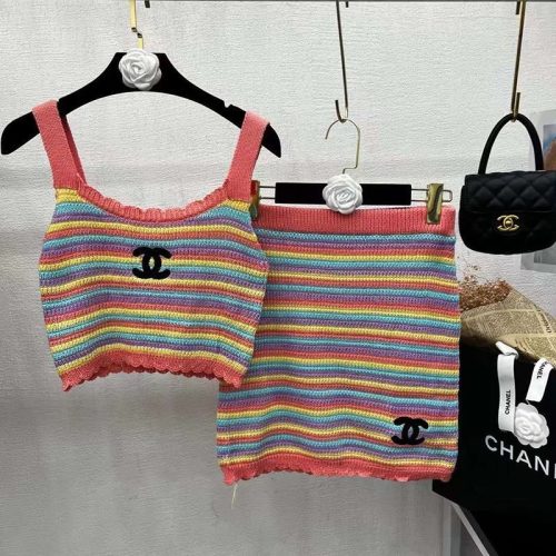 Replica Designer Chanel Women Fashion Rainbow Stripe Ice Silk Camisole And Skirt Knitted Suit