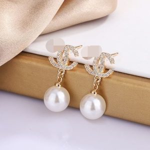Replica Designer Chanel Women Fashion Rhinestone Pearl Double C Earrings
