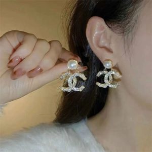 Replica Designer Chanel Women Fashion Rhinestone Pearl Double C Earrings