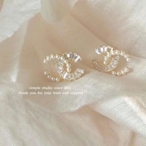 Replica Designer Chanel Women Fashion Rhinestone Pearl Double C Earrings