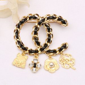 Replica Designer Chanel Women Fashion Rhinestone Pearl Leather Chain Double C Brooches
