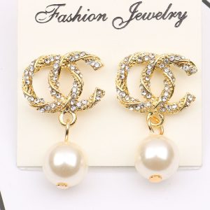 Replica Designer Chanel Women Fashion Rhinestone Round Pearl Earrings