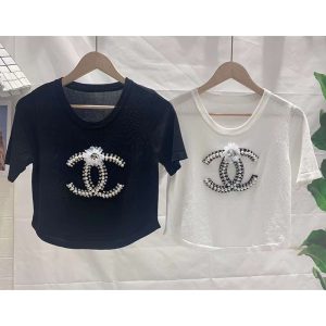 Replica Designer Chanel Women Fashion Rhinestone Short-Sleeved Knitted Top