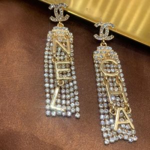Replica Designer Chanel Women Fashion Rhinestone Silver Needle Tassel Earrings