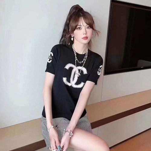 Replica Designer Chanel Women Fashion Rhinestone-Studded Knitted Top