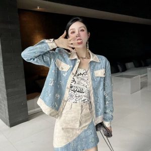 Replica Designer Chanel Women Fashion Sequin Embroidery Colorblock Denim Long Sleeve Coat And Skirt 2PCS Suit