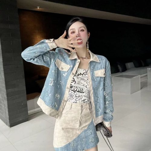 Replica Designer Chanel Women Fashion Sequin Embroidery Colorblock Denim Long Sleeve Coat And Skirt 2PCS Suit