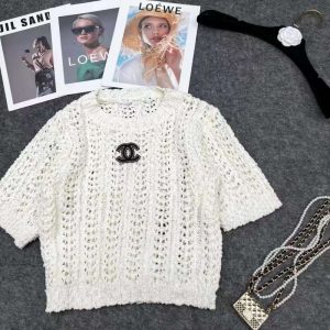 Replica Designer Chanel Women Fashion Short-Sleeved Hollow Knitted Top