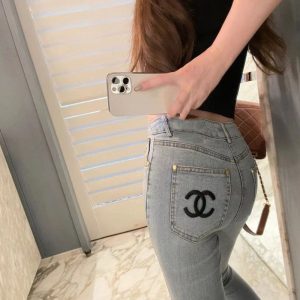 Replica Designer Chanel Women Fashion Slim Embroidered Jeans
