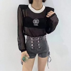 Replica Designer Chanel Women Fashion Solid Color Knitted Long-Sleeved Blouse