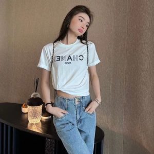 Replica Designer Chanel Women Fashion Solid Color Letters Printing Short-Sleeved T-Shirt