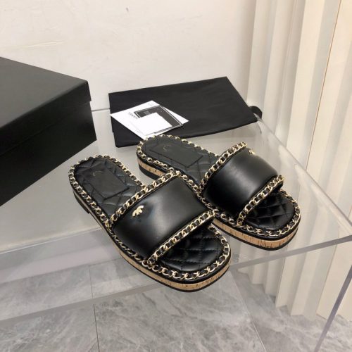 Replica Designer Chanel Women Fashion Square Head Chain Flat Slippers