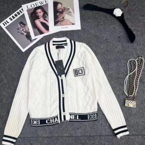 Replica Designer Chanel Women Fashion Stripe Contrasting Color Knitted Cardigan