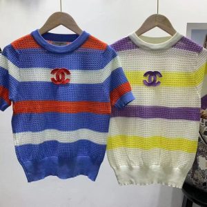 Replica Designer Chanel Women Fashion Stripe Hollow Knitted Top