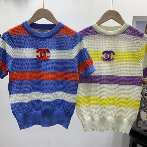 Replica Designer Chanel Women Fashion Stripe Hollow Knitted Top