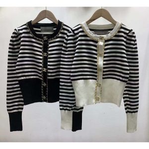 Replica Designer Chanel Women Fashion Stripe Metal Chain Stitching Sweater