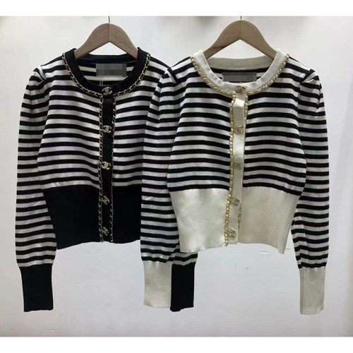 Replica Designer Chanel Women Fashion Stripe Metal Chain Stitching Sweater