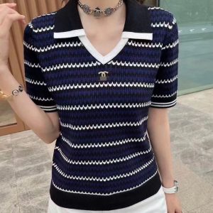 Replica Designer Chanel Women Fashion Stripe Polo Neck Short-Sleeved Sweater